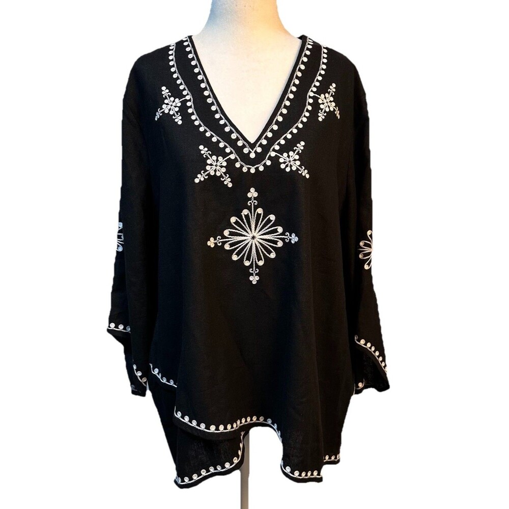 Karen Kane Black Linen Blend Tunic 3/4 Sleeve Embroidery Asymmetrical Hem Size L
